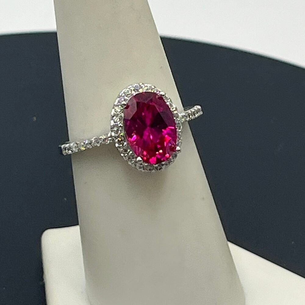 SW 925 CZ Sterling Silver Lab Created Red Ruby and CZ Halo ring Sz‎ 7.5